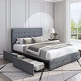 Furchen Upholstered Platform Bed Frame with 4 Storage Drawers, Adjustable High Headboard with Button Tufted Design, Wooden Slat Support, No Box Spring Needed, Easy Assembly, Full Size, Grey
