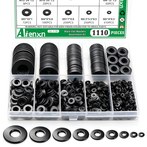 1110PCS Black Flat Washers Assortment, 9 Metric Sizes, M2-M12