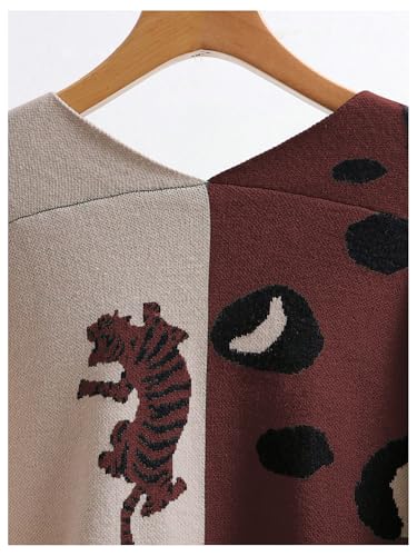 Image of WDIRARA Women's Leopard Tiger Print Cardigan V Neck Long Sleeve Color Block Button Down Sweater Outwear