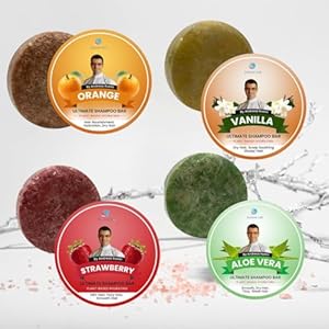 Pack of 4 Natural Shampoo Bars – Orange, Strawberry, Vanilla, Aloe Vera, Organic, Vegan, Sulfate-Free, Eco-Friendly, Hydrating, Nourishing, Anti-Dandruff, Long-Lasting
