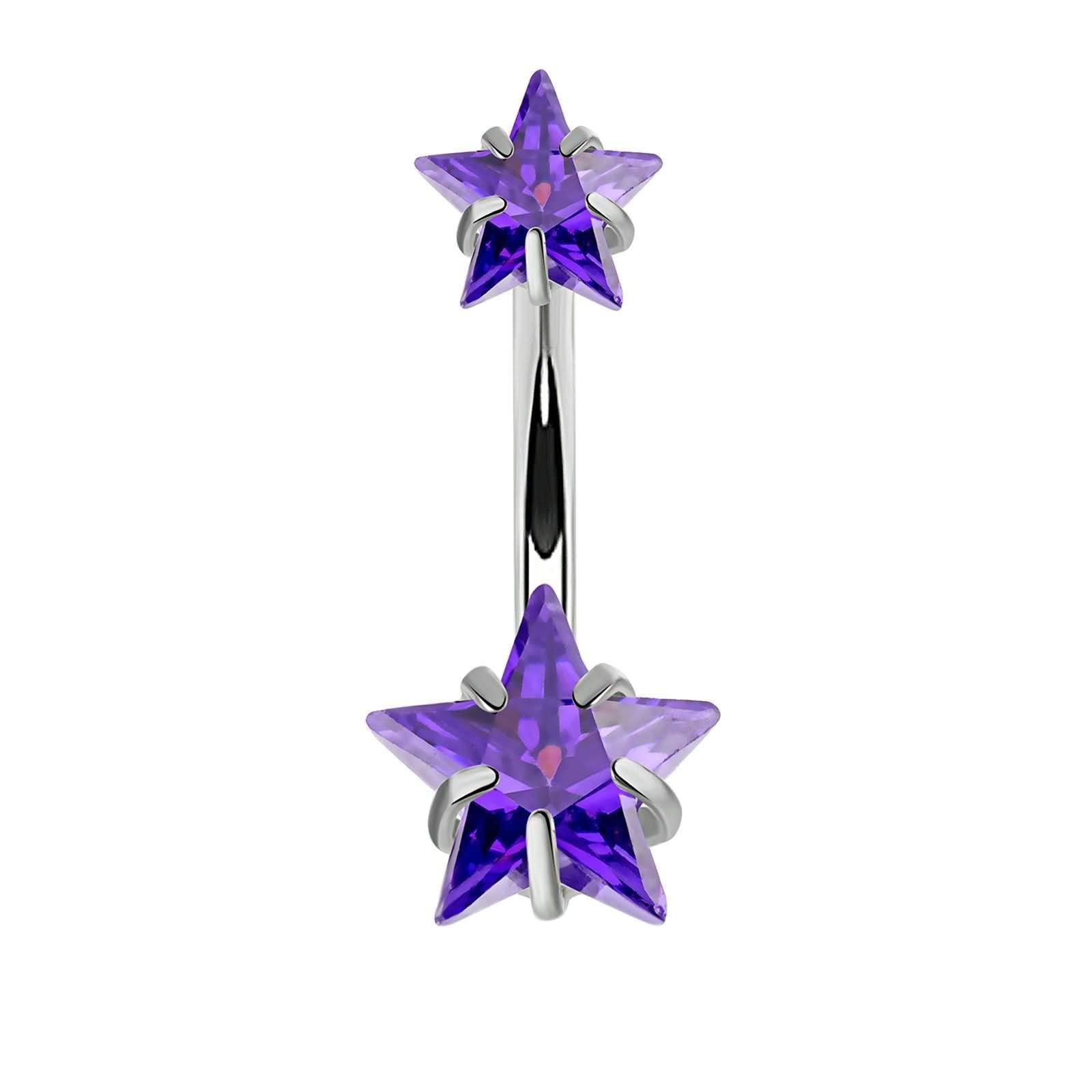 Lieson Barras para ombligo, piercing para ombligo, acero quirúrgico, doble estrella, circonita cúbica, color blanco/rojo/morado/azul, Acero inoxidable, Cubic Zirconia