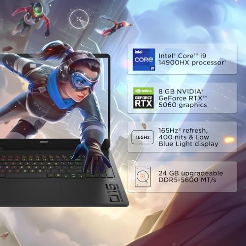 Image of HP Omen, 14th Gen Intel Core i9-14900HX, 8GB RTX 5060, 24GB DDR5(Upgradeable) 1TB SSD, 165Hz, 2k WUXGA, 3ms, 400 nits, 16'' /40.6cm, Win11, M365* Office24, Black, 2.43kg, am0279TX, RGB, Gaming Laptop