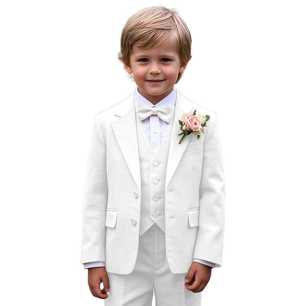 Completo in lino per bambini, abbigliamento formale, 3 pezzi, gilet, giacca, pantaloni, set