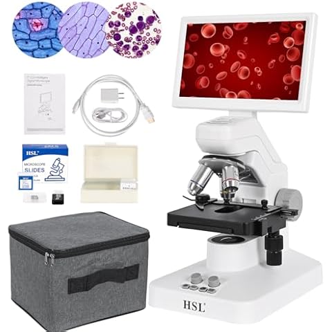 HSL Dual LED light digital microscope with screen,2MP Camera Biological Microscope for Adults Lab,HD 7 inch LCD Kids Microscopes Set for Student Science Double Layer Mechanical Stage 8GB SD Card 1600X Cover
