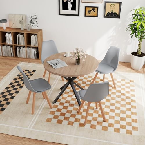 JZGORC Mesa de Comedor con 4 Sillas, Juego de Comedor, Mesa de Comedor Redonda de Madera de 100 * 100 * 75 cm, 4 Sillas con Respaldo Alto, Patas de Madera de Haya, (Marrón Claro + Gris)