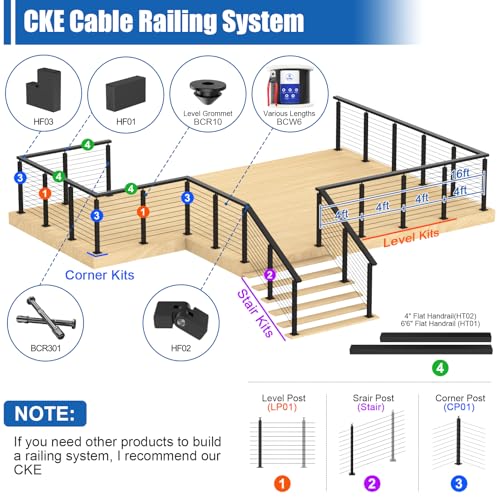 CKE 10-15ft Complete Set 36\" Stair Cable Railing Post Kit (35\"x2\"x2\") for 25°-35° Stair, 3 Pack Stair Cable Posts, 220ft 1/8\" Wire Rope, Black Invisible Cable Railing System DIY Kit(No Handrail) SPS01