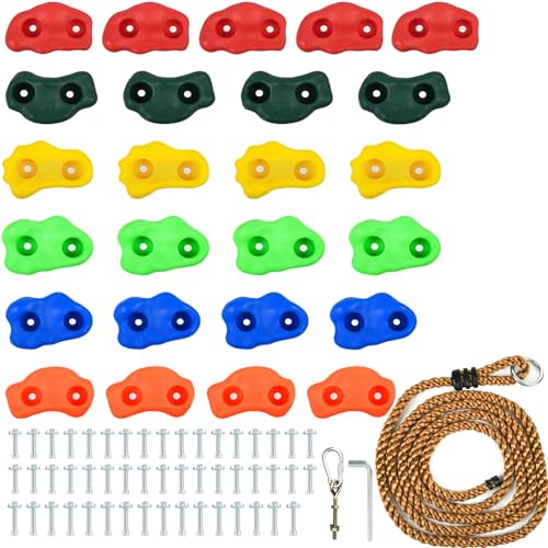 25 PCS Rock Climbing Holds for Kids, Rock Wall Holds with 7.48 Ft Climbing Rope, Indoor and Outdoor Rock Wall Kit, Multi-Colored Climbing Rock Wall Grips for Playground Play Set (Small)