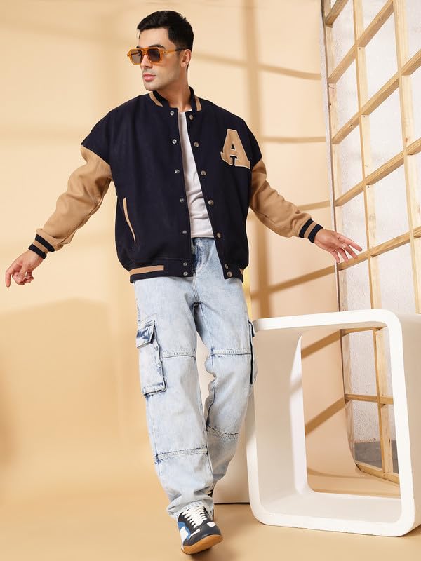 Image of CHKOKKO Men's Oversized Varsity Jacket with Snap Button Closure and Patch Design Trendy Comfortable Outerwear for College Travel and Casual Wear