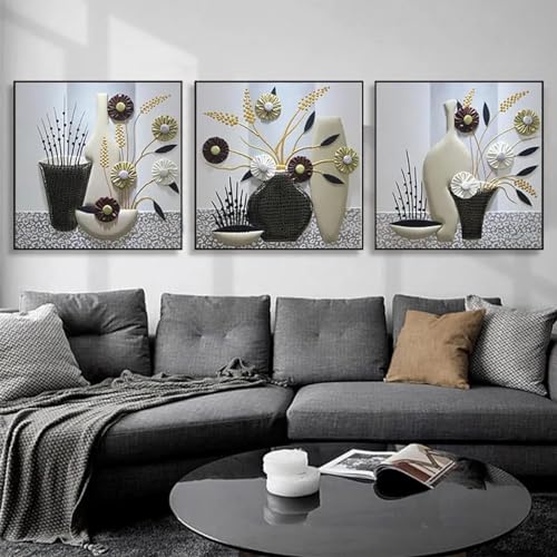 Art toile peinture fleur vase style chinois original triptyque carré 80x80 - 4