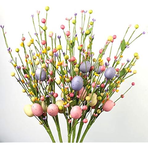 J'FLORU 6 pcs Artificial Easter Stems, Colorful Berry Picks Berry Stems with Easter Eggs for Home Centerpiece Vase Windowsill Decor and Easter Celebration Cover