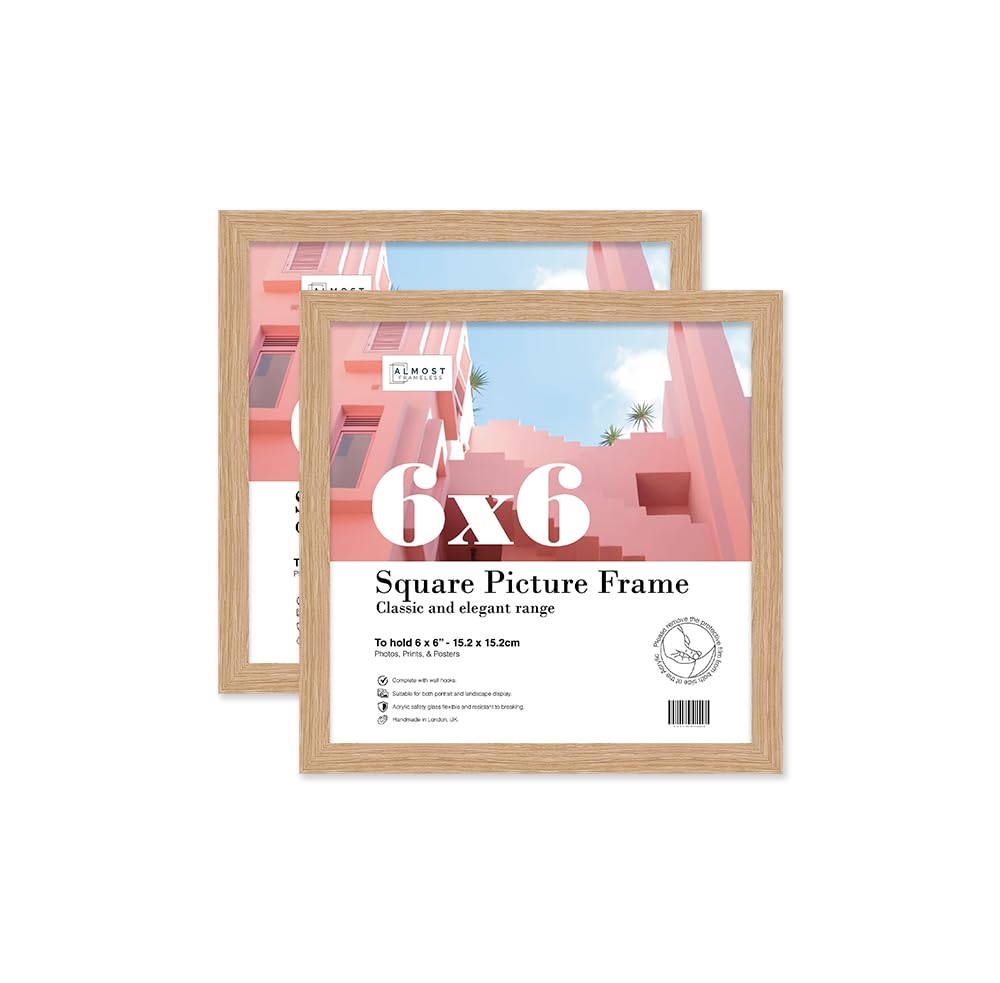 Almost Frameless 6x6 Oak Picture Frame Set of 2, Display 6x6 Picture Gallery Wall, Poster, Photo, Artwork, or Print, Oak, Square