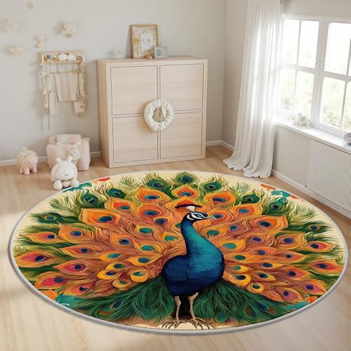 Tapete redondo lavable vintage pavo real 2 pies miniatura 2