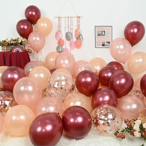 Balloons Burgundy Rose Gold, 60 Packs 12 Inches Wine Red Champagne Latex Balloon Rose Gold Confetti Balloons for Women Girls Birthday Wedding Bridal Shower Party Anniversary Decoration - Image 3