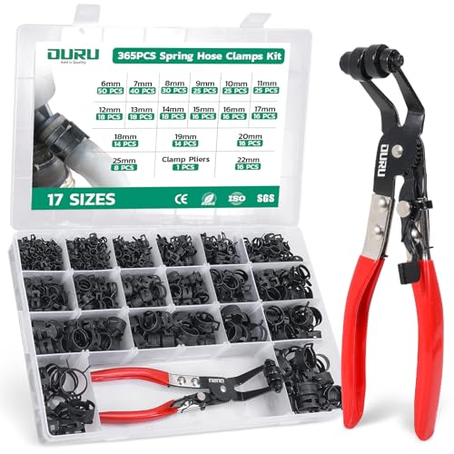 OURU 365PCS 6-25mm Spring Band Hose Clamps Assortment kit with Hose Clamp Plier, Constant Tension Hose Clamps for Fuel Lines, Silicone Vacuum Hoses, Water Pipe, Low-Pressure Air Clips