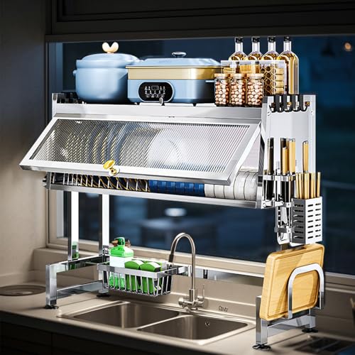 Pilipane Over Sink Dish Drying Rack, 3 Tier Stainless Steel Large Drainer Rack, Kitchen Organization And Storage Shelf with Utensils Holder for Drying Bowls Plates Cups, 33.5in