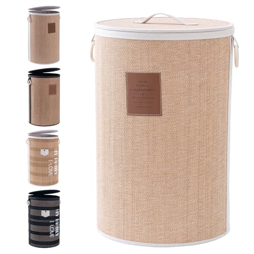 Muzilife Bambus Wäschekorb mit Deckel, 75L Faltbare Wäschesammler Wäschebox aus Natürliche Baumwolle, Stabil Wäschetonne mit Tragegriffen, Rund...