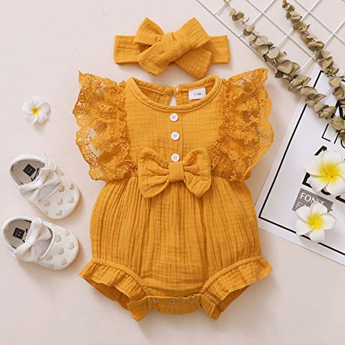 Soloyee 2Pcs Newborn Baby Girl Romper 0-18M Summer Outfits Clothes, Ruffle Sleeve Jumpsuit Bodysuit + Headband #TOP3