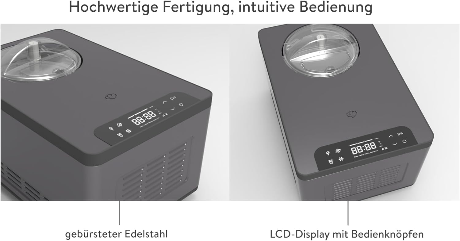 SPRINGLANE Eismaschine & Joghurtbereiter Elisa 2,0 L mit selbstkühlendem Kompressor 220 W, aus Edelstahl mit Kühl- und Heizfunktion (Elisa Anthrazit, Eismaschine + 4 Eisbehälter Mint)