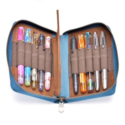 Image of Fountain Pen Leather Pen Case 10 Divided Slots, Rollerball Pen Holder Handmade Display Organizer Zippered Pouch