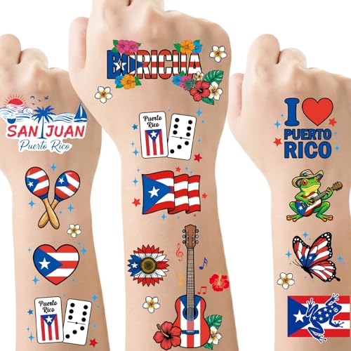 INCOK Puerto Rico Temporary Tattoos, 8 Sheets 200+ PR Rican Flag Fake Tattoo Stickers, Puerto Rico Party Decorations for Patriotic Anniversary Veterans National Day Festival Favors Supplies