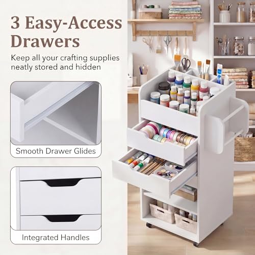 Image of Tangkula Rolling Storage Cart with Drawers, Wooden Drawer Cart w /Lockable Casters, Utility Storage Cart w /3 Shelves, Slots & Dowels, Mobile Organizer Cabinet on Wheels for Room Office Work Study