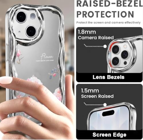 Image of VONZEE Cute Pink Flower Mirror Back Cover for iPhone 15| Clear Shockproof TPU Protective Case | Slim Anti-Yellowing Crystal Clear Phone Cover for Girls and Women
