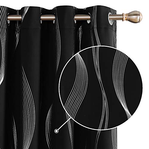 Deconovo Cortinas Salon Modernas Aislantes Térmicas de Líneas Onduladas con Ollados 2 Piezas 140 x 138 cm Negro