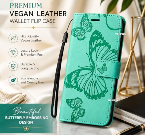 Image of TELETEL Butterfly Magnetic Closure Wallet Card Holder Flip Case for Vivo V50 5G|Mobile Cover|Back Flip Cover - Sea Green