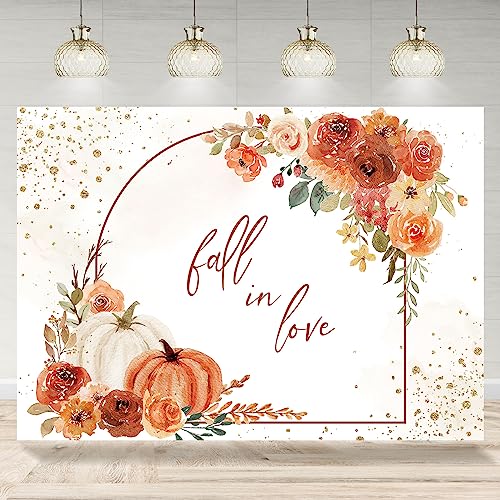 Rsuuinu 7x5ft Fall in Love Backdrop Pumpkin Floral Wedding Bridal Shower Miss to Mrs Photography Background Bride to Be Engaged Flowers Cake Table Banner Party Decorations Supplies Photo Booth Props