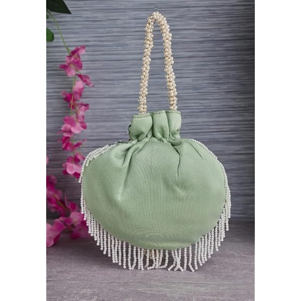 Zari Handmade Wedding Potli Bag | Embroidery Handbag With Beaded Chain For Women - Image 3