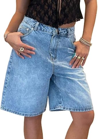 Women Wide Leg Baggy Jean Shorts Vintage Loose Fit Low Rise Bermuda Denim Shorts Summer Jorts Streetwear Y2k Clothes