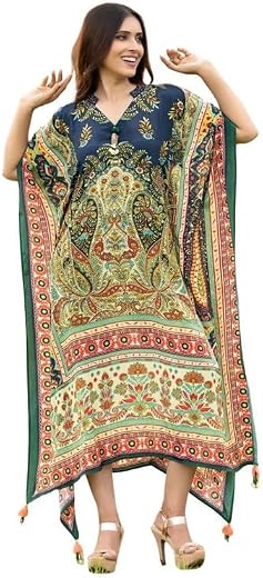 FREYAA Chic Blue Long Kaftan with Printed Patterns