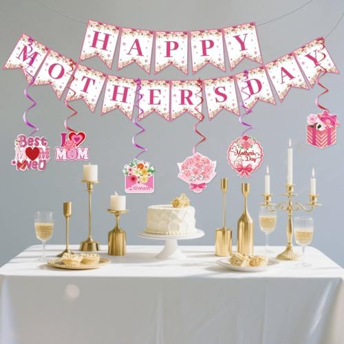 Mother's Day Decorations Happy Mothers Day Banner Garland Best Mom Ever I Love Mom Ceiling Hanging Swirls Floral Mothers Day Party Decorations Mother's Day Party Supplies Mother's Day Gift Party Favor — view 6