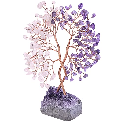 Nupuyai Árbol de la vida de piedra con base de racimo de amatista natural, Feng Shui Bonsai de cristal árbol concéntrico símbolo de amor para decoración de boda y oficina, amatista y cuarzo rosa Cover