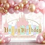Sensfun Princess Castle Birthday Decorations Backdrop Pastle Rainbow Stripes Pink Fairytale Castle Background Girls Gold Glitter Happiest Birthday On Earth Party Banner Photo Booth Props 5x3ft - Image 5