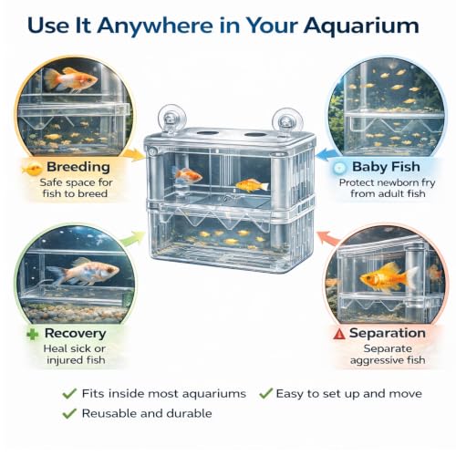 Image of Double Deck Aquarium Breeding Box Medium (14x8x14 cm) Acrylic Fish Fry Isolation Tank | Air Pump Connectable Oxygen Supply | Strong Suction Cup Breeder Box for Guppy, Molly, Betta