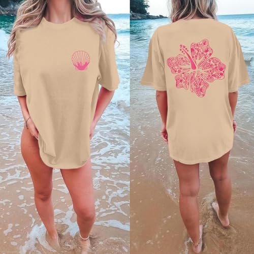 Image of Hawaiian T Shirts for Women Oversized Aesthetic Hibiscus Flower Beach Shirt Teens Preppy Tropical Graphic Tee Tops