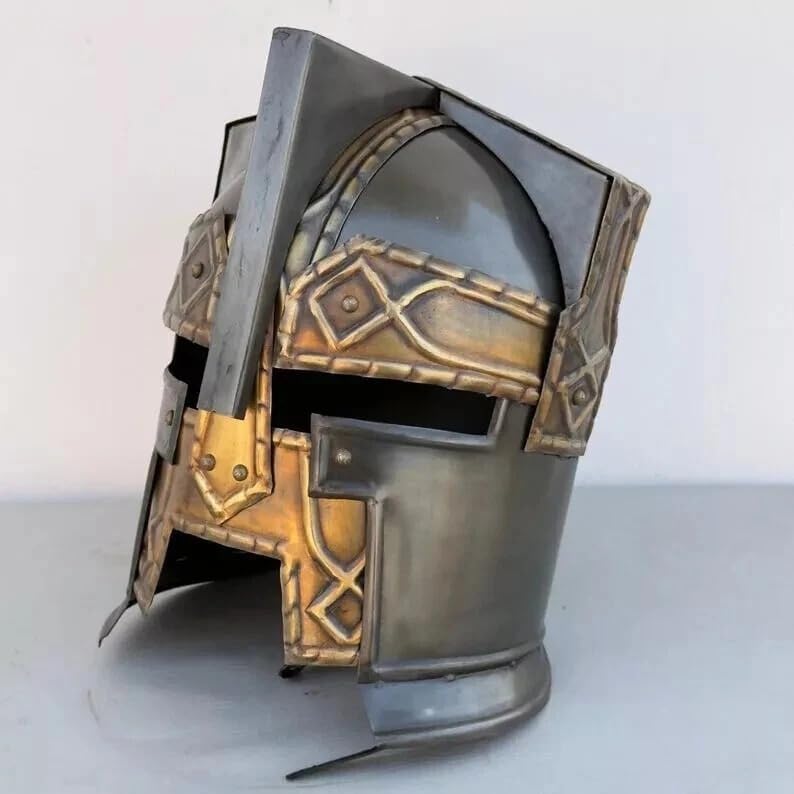 Medieval Warrior Helmet, Steel Gray with Gold Accents, Decorative Knight Armor, Geometric Design