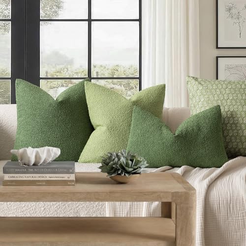Image of Foindtower Set of 2, Decorative Textured Boucle Throw Pillow Covers Accent Solid Pillow Cases Neutral Soft Cozy Couch Cushion Case for Chair Sofa Bedroom Living Room Home Decor 24x24 Inch Forest Green