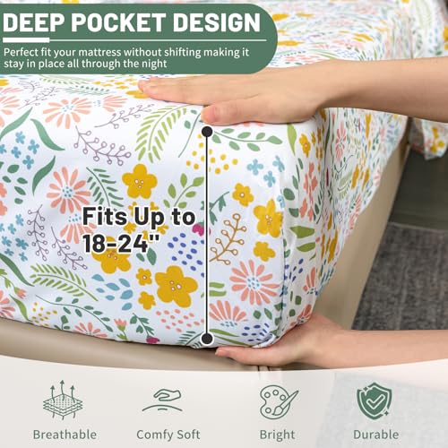 Bedlifes Queen Size Extra Deep Pocket Sheet Sets - Fits Mattresses Up to 18-24" Thick, 4-Piece Microfiber Set with 1800 Thread Count, Soft, Smooth, Breathable, Featuring Floral