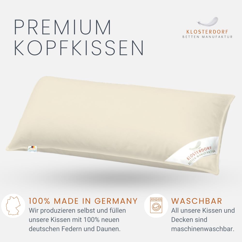 Klosterdorf Bettenmanufaktur Premium Bio Dreikammer Kopfkissen ''nobel'' - 40x80 cm - 500 Gramm - Handarbeit aus Deutschland - Für einen gesunden Schlaf - Daunenkopfkissen Daunenkissen Dreikammer