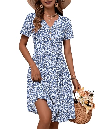 Image of WNEEDU Women V Neck Button Down Empire Waist Midi Summer Dress with Pockets