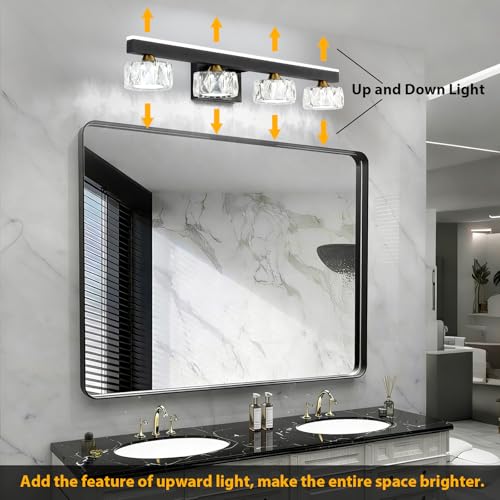 Image of Black Crystal Bathroom Vanity Light Fixtures Over Mirror for Bathroom Lighting (4 Lights)