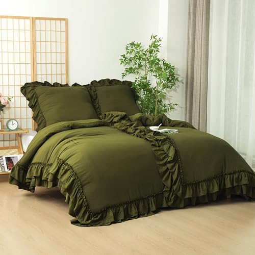 HIG Rüschen Bettwäsche Set 135x200cm 4teilig Olivgrün, Superweiche...