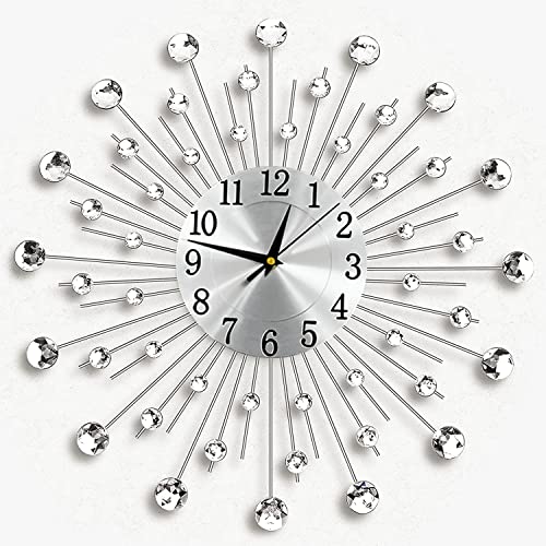Holdfiturn Crystal Diamond Wall Clocks Modern Wall Clock Flower Wall Clock Silent Metal Clock for Living Room Bedroom Home Wall Art Decoration (33cm Silver)