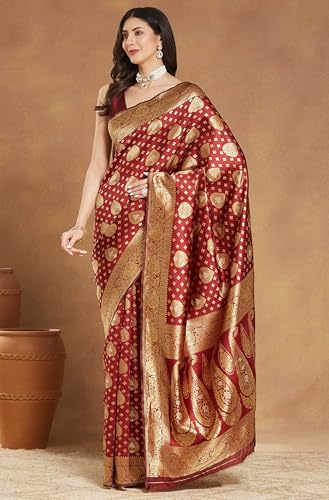 Image of Janasya Women's Maroon Silk Blend Ethnic Motifs Woven Design Jacquard Saree with Blouse Piece