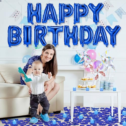 Image of Blue Happy Birthday Balloons Decorations Happy Birthday Letter Balloons Banner Set with 24pcs Round Flameless LED Candles and 2000pcs Artificial Rose Petals for Women Men Room Party Decor