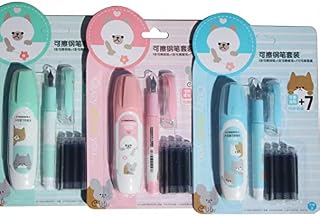 1 Set Large Nib Erasable Fountain Pen with 7 Blue Ink Refills Set Writing Stationary Office School Supplies Gifts for Boys Girls Adults (Random Color)