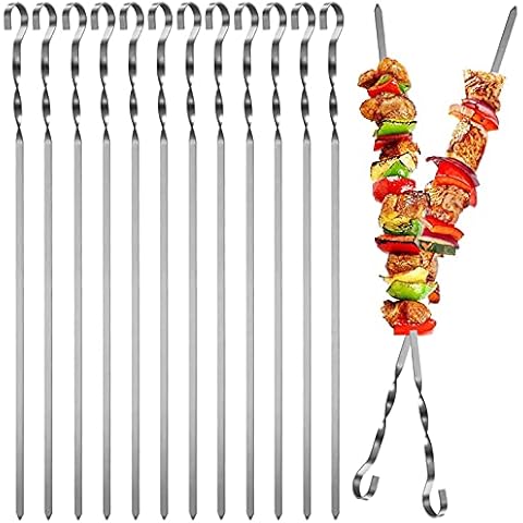 Maridergo Kebab Skewers, 12PCS Stainless Steel BBQ Kebab Meat Skewers Set, Flat Barbecue Shish Kebab Stick for Meat Vegetables Cover