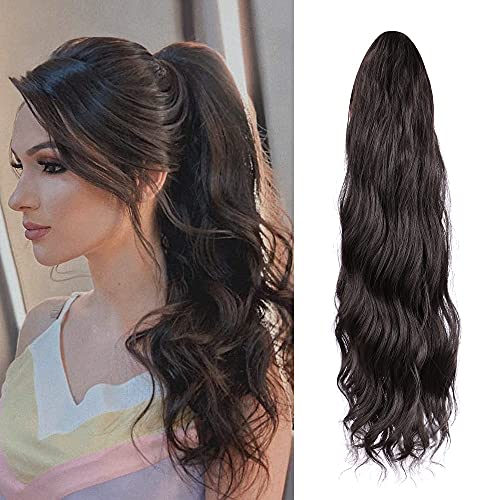 CAUGHTOO Ponytail Extension Wrap Around Ponytail Hair Extension for Women 22 Inch Long wavy Ponytail Extension Synthetic Clip in Ponytail Hairpiece for White Black Women Daily Useï¼ˆDark Brownï¼‰